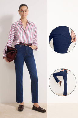 Koyu Mavi Yuksek Bel Straight Yumusak Ekstra Esneyen Orme Kot/Jeans TWOSS26JE00104