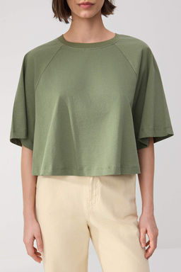 Wardrobe Essentials-Haki Boxy/Rahat Kal?p K?sa Kollu Crop %100 Pamuk Orme T-Shirt TWOSS26TS00006