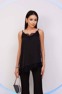 K13297 Топ атласный с кружевом ЧЕРНЫЙ