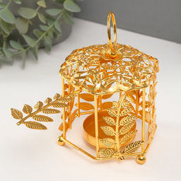 Металлический подсвечник-фонарь на 1 свечу Цветок и веточки, золото, d=5.5 см, 9.8?10.5?14 см