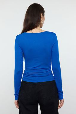 Trendyolmilla Antrasit Viskon/Yumusak Kumasl? Fitted Buzgu/Drape Detayl? Kay?k Yaka Esnek Orme Bluz TWOAW25BZ00225  фото 5