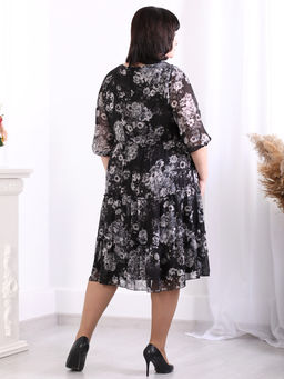 Платье шифоновое с воланами черное с серыми цветами - Almond фото 2