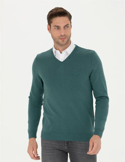 Ye_il Slim Fit V Yaka Basic Triko Kazak