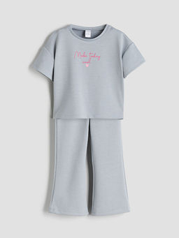 Bisiklet Yaka Bask?l? K?z ?ocuk Ti??rt ve Pantolon 2li