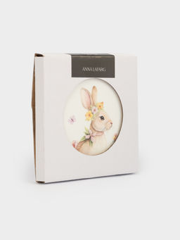 Подставка под кружку, 11 см, круглая, керамика/пробка, белая, Кролик с венком в цветах, Easter rabbit