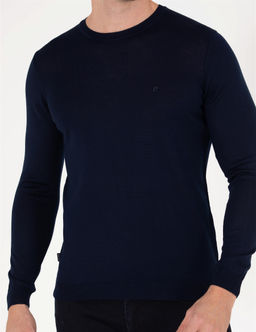 Lacivert Slim Fit Bisiklet Yaka Y_n Kar___ml_ Basic Triko Kazak