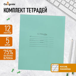 Цена за 3 шт. Набор тетрадей, 12 листов в косую линейку, КПК Зелёная обложка, серые листы, 5 штук