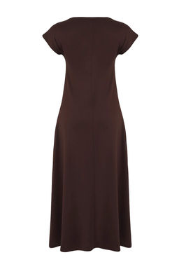 Kahverengi Ay Kol A-line/Can Ac?lan Bisiklet Yaka Maxi Orme Elbise TWOSS25EL00898