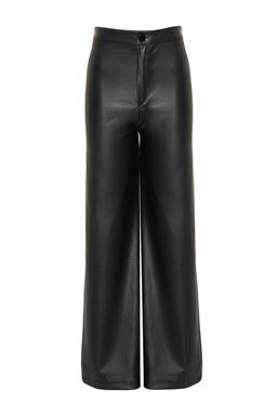 Siyah Suni Deri Wide Leg Cep Detayl? Orme Pantolon TWOAW24PL00103