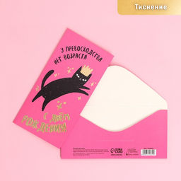 Цена за 10 шт. Конверт для денег С Днем Рождения, кот, тиснение, 16,5 8 см