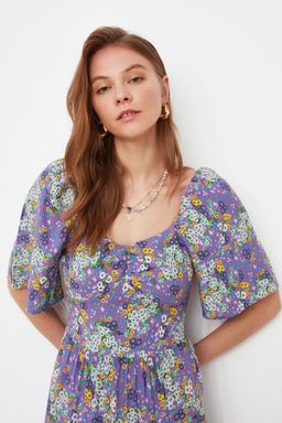 TRENDYOLMILLA Mor A Kesim Balon Kollu Cicek Desenli Midi Dokuma Elbise TWOSS20EL2323  фото 8