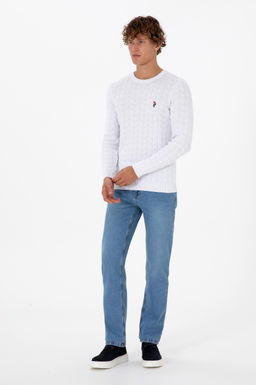 Erkek Slim Fit Bisiklet Yaka Desenli Beyaz Kazak