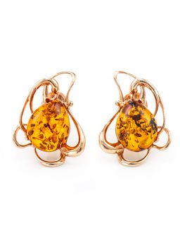 Золочёные серьги-гвоздики с коньячным янтарём Ромашка