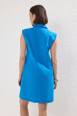 Saks Duz Kesim Cepli Gomlek Yaka Keten Gorunumlu Mini Dokuma Elbise TWOSS22EL1068