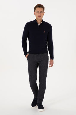 Erkek Slim Fit Yar_m Fermuarl_ Lacivert Kazak