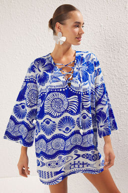 Trendyolmilla Su Alt? Desenli Mini Dokuma %100 Pamuk Plaj Elbisesi TBESS25EL00020