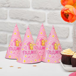 Набор бумажной посуды С днём рождения, 1 годик розовый мишка (6 тарелок, 1 гирлянда, 6 стаканов, 6 колпачков) - Страна карнавалия фото 2