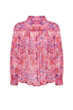 Pembe Balon Kol Cicek Desenli Sifon Kumas Oversize Genis Kal?p Dokuma Gomlek TWOSS24GO00003