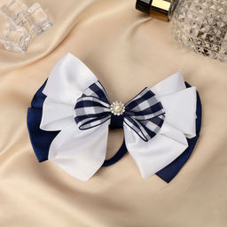 Цена за 6 шт. Бант для волос на резинке «Школьница», цветочек и клеточка, 12 см, бело-синий