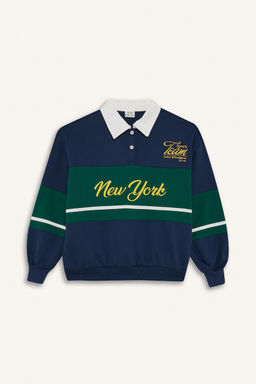 %100 Pamuk Relax Fit Polo Yaka Bask_l_ Okul Sweatshirt K_z _ocuk - Defacto фото 9