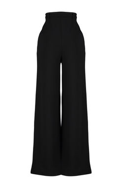 Siyah Kemerli Wideleg/Genis Paca Yuksek Bel Smart Krep Kumas Orme Pantolon TWOSS23PL00330