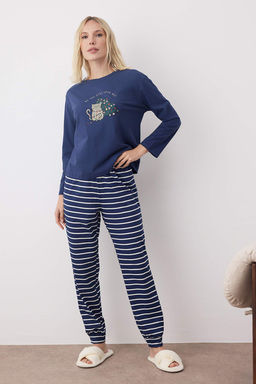 Trendyolmilla Kad?n Couple/Cift Bej %100 Pamuklu Cizgili Y?lbas? Temal? Orme Pijama Tak?m? THMAW25PT00164  фото 9