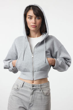 Gri Melanj Regular/Normal Kal?p Kapusonlu Kal?n ici Polarl? Orme Sweatshirt TWOAW25SW00068