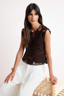 Kahverengi Cicekli Krose Detayl? Triko Ince Bluz TWOSS25BZ00587