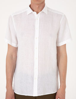 Beyaz %100 Keten Regular Fit K_sa Kollu G_mlek