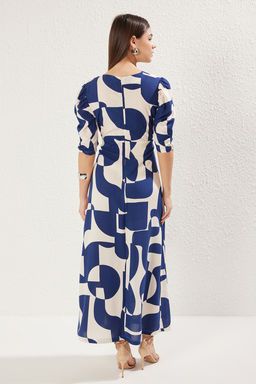 Lacivert Geometrik Desenli A Kesim Midi Viskon Dokuma Elbise TWOSS25EL00314