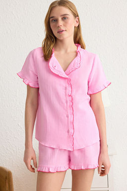 Trendyolmilla Ac?k Pembe %100 Pamuklu F?rf?rl? Muslin Sortlu Dokuma Pijama Tak?m? THMSS25PT00047 фото 2