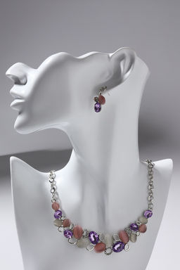 Набор 2 предмета: серьги, колье Листочки, цвет розовый в серебре, 40 см