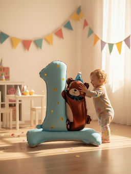 Цена за 2 шт. Воздушный шар фольгированный 32" "Цифра 1 с мишкой"  цвет голубой, под воздух