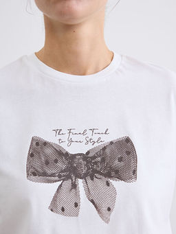 Bisiklet Yaka Fiyonk Bask?l? Kad?n Ti??rt