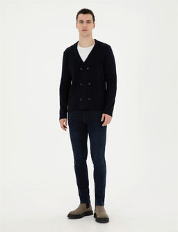 Koyu Lacivert Slim Fit Y_n Kar___ml_ D__meli Triko H_rka