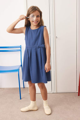 Lacivert 100% Pamuk Duz/Basic Bisiklet Yaka A-line Dokuma K?z Cocuk Okul Elbisesi TKDAW26EL00004