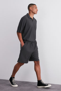 Fume Oversize/Genis Kesim Dokulu K?r?smaz Ottoman Sort TMNSS24SR00037