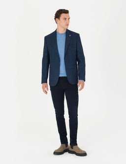 A__k Lacivert Y_n Kar___ml_ Slim Fit Ceket