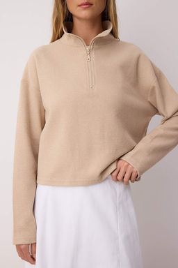 Bej Selanik/Triko Gorunumlu Fermuarl? Yaka Regular/Normal Kal?p Orme Sweatshirt TWOAW22SW0732