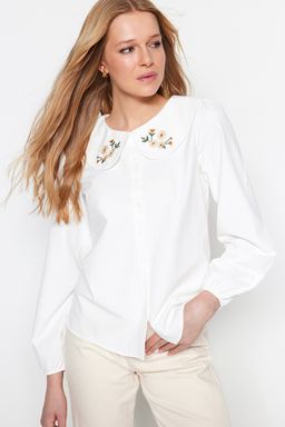 TRENDYOLMILLA Ekru Yakas? Nak?s Detayl? Pamuk Regular Normal Kal?p Dokuma Gomlek TWOSS23GO00009 фото 11