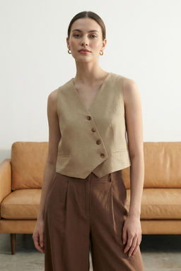 Limited Edition Bej Fitted Crop Dokuma Keten Gorunumlu Yelek TWOSS23YE00016