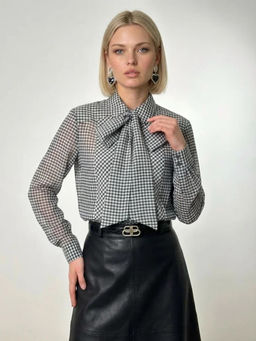 Блузка из органзы в клетку OD-984-2 коричневый с белым