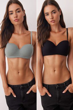 Siyah-Yesil 2li Kaskorse Balenli Duz Sabit Kap Balconette Sutyen THMAW26SU00006