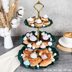 Ваза для канапе 3-х ярусная 15/20/25 Круг Волна зеленая / D-1267 /уп 80/ Пластик/689068