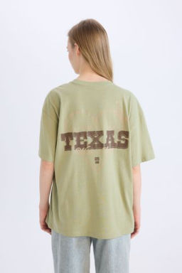 Oversize Genis Kal?p Bisiklet Yaka S?rt Bask?l? K?sa Kollu Tisort