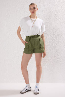 Trendyolmilla Ac?k Haki Keten Gorunumlu Kusakl? Sort & Bermuda TWOSS25SR00224