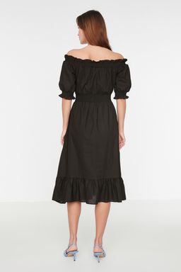 Siyah Skater/Belden Ac?lan Gipeli Midi Dokuma Keten Gorunumlu Elbise TWOSS21EL1967 - Trendyolmilla фото 5