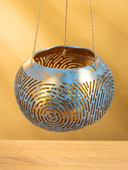 Подсвечник подвесной из кокоса, 16×16×11 см, голубой, золотой