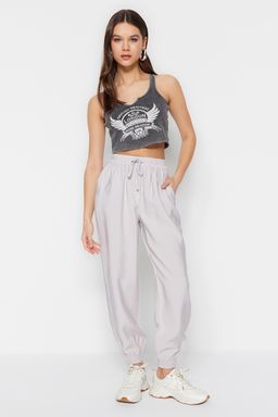 Gri Jogger Beli Lastikli Cepli Dokuma Pantolon TWOSS20PL0129