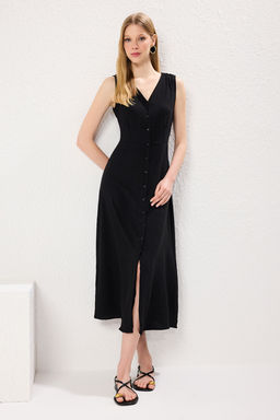 TRENDYOLMILLA Siyah Dugmeli Kolsuz Midi Dokuma Gomlek Elbise TWOSS24EL00442 фото 10